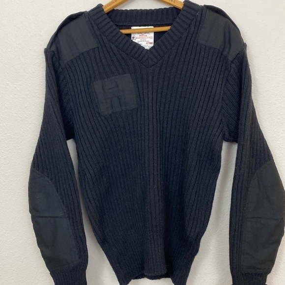 Brigade Quartermasters Vintage Black Rib knit Wool Sweater with elbow patches - Picture 1 of 5